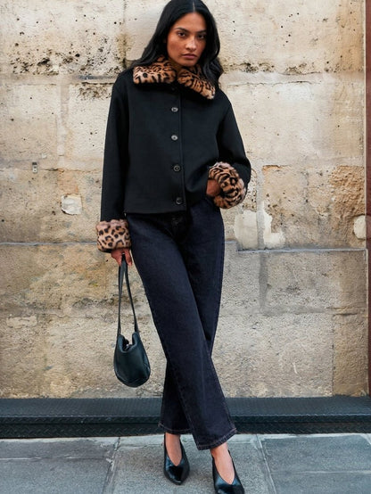 Veste boutonnée Laura en fausse fourrure imprimé léopard