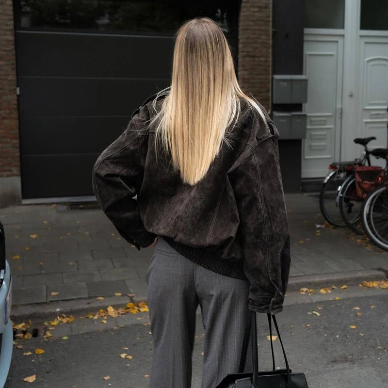 SOKYND Alyssa Suede Bomber Jacket Coats & JacketsyF1772777205908148207Dark GreyM