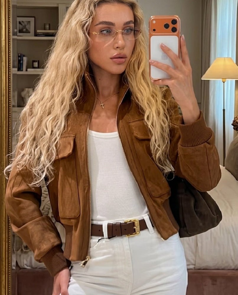 SOKYND Amanda Cropped Bomber Jacket JacketSOKYND-446487-TAN-XS-83479Light BrownXS