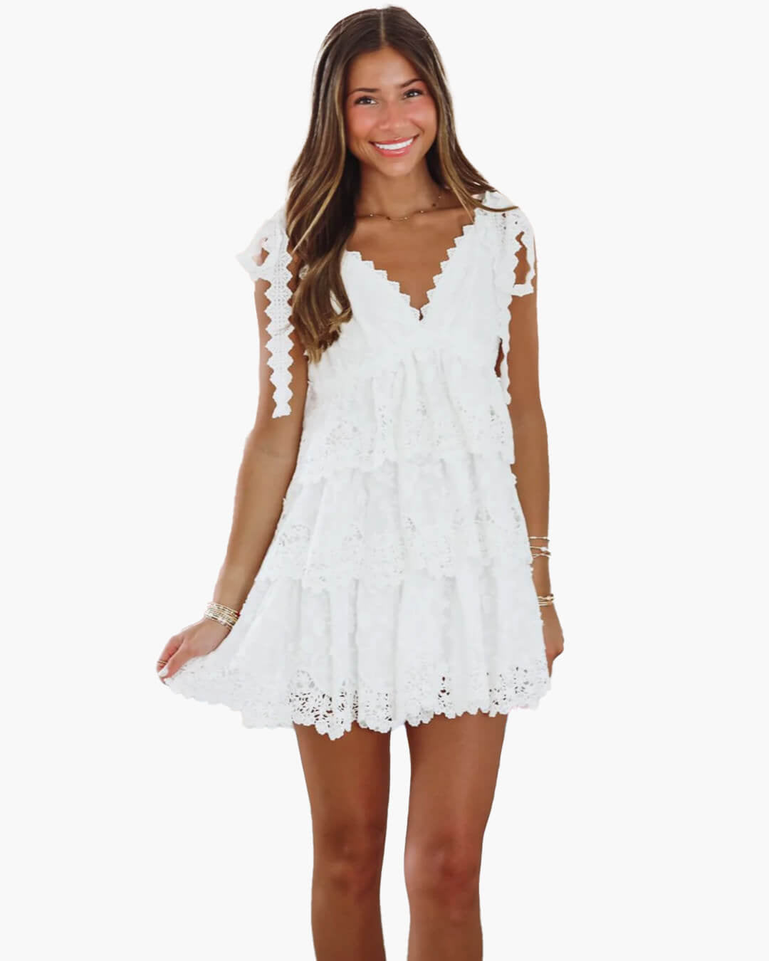 SOKYND Amaya V - Neck Tiered Lace Mini Dress DressesWhiteS