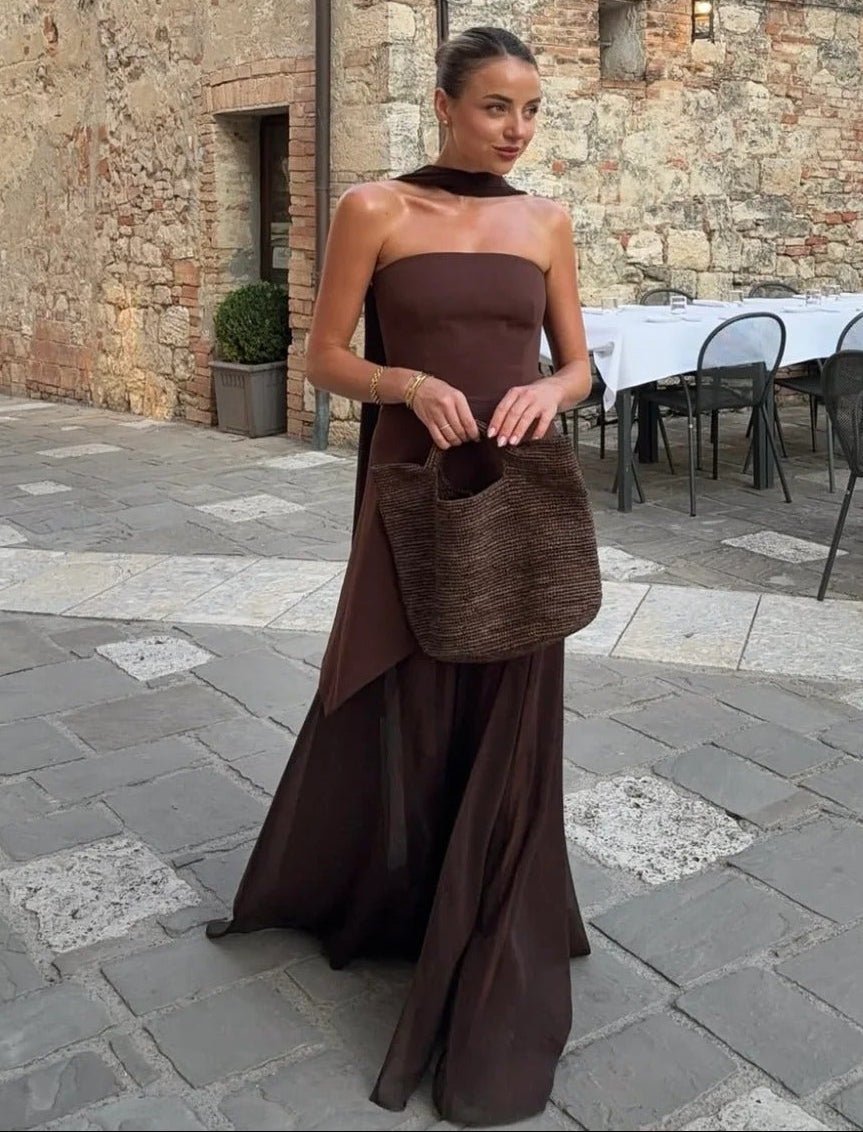 SOKYND Ambre Asymmetric Sheer Maxi Dress DressSOKYND-055447-BRO-S-00119BrownS