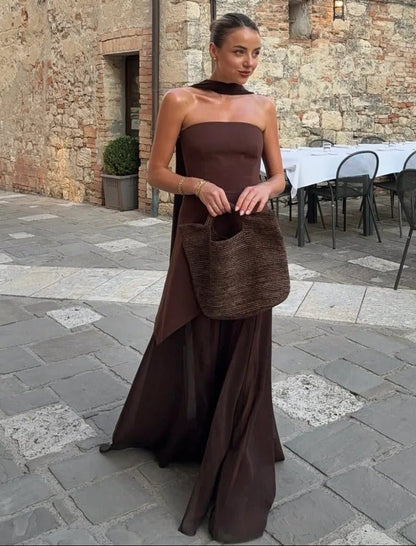 SOKYND Ambre Asymmetric Sheer Maxi Dress DressSOKYND-055447-BRO-S-00119BrownS