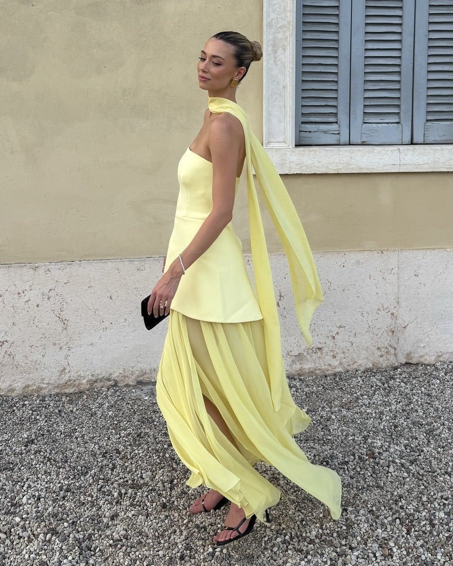 SOKYND Ambre Asymmetric Sheer Maxi Dress DressSOKYND-055447-BUT-M-70743Butter YellowM