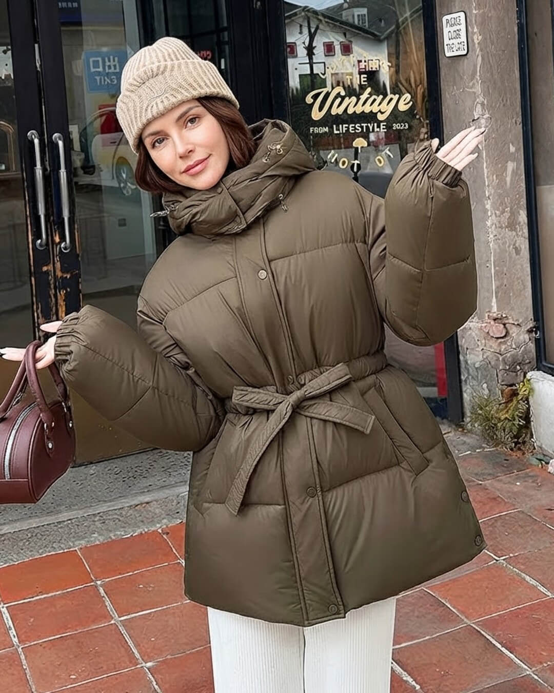 SOKYND Amelie Lace Up Hooded Coat CoatOlive GreenS