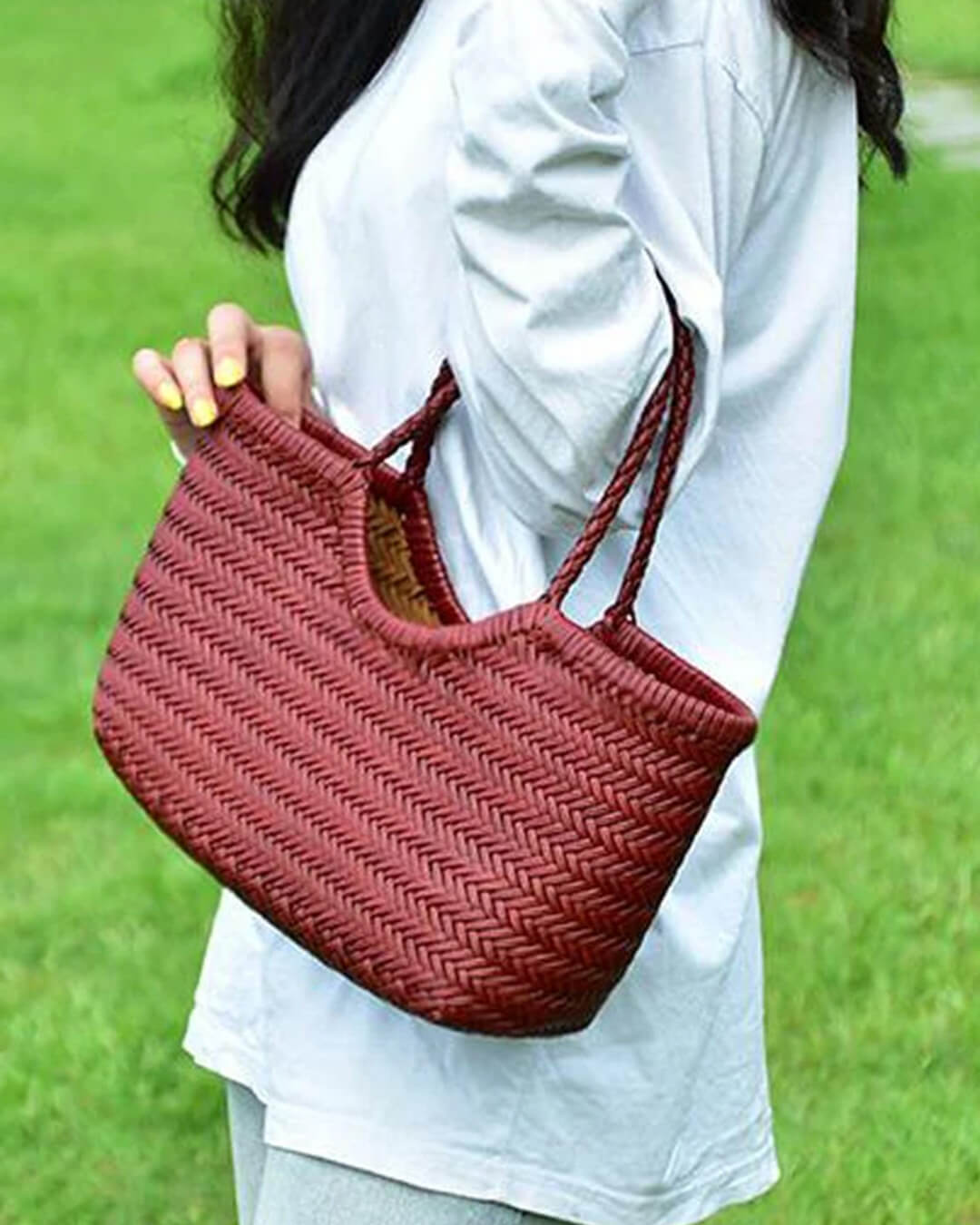 SOKYND Aneta Woven Leather Tote Bag BagsBurgundyS