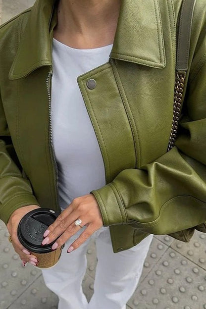 SOKYND Angela Vintage Faux Leather Jacket JacketSOKYND-855511-GRE-M-32663GreenM