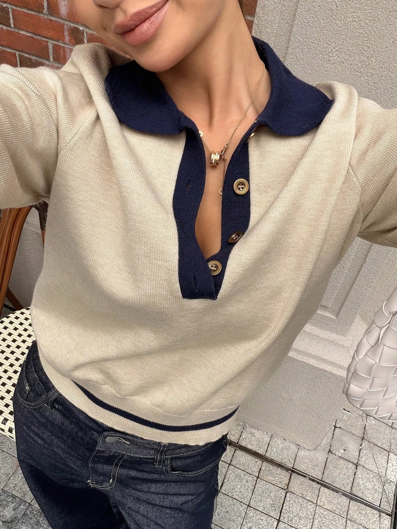 SOKYND Anne Color Block Knit Polo TopSOKYND-380759-KHA-L-77143KhakiL