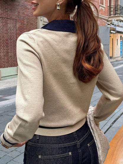 SOKYND Anne Color Block Knit Polo TopSOKYND-380759-KHA-M-44375KhakiM