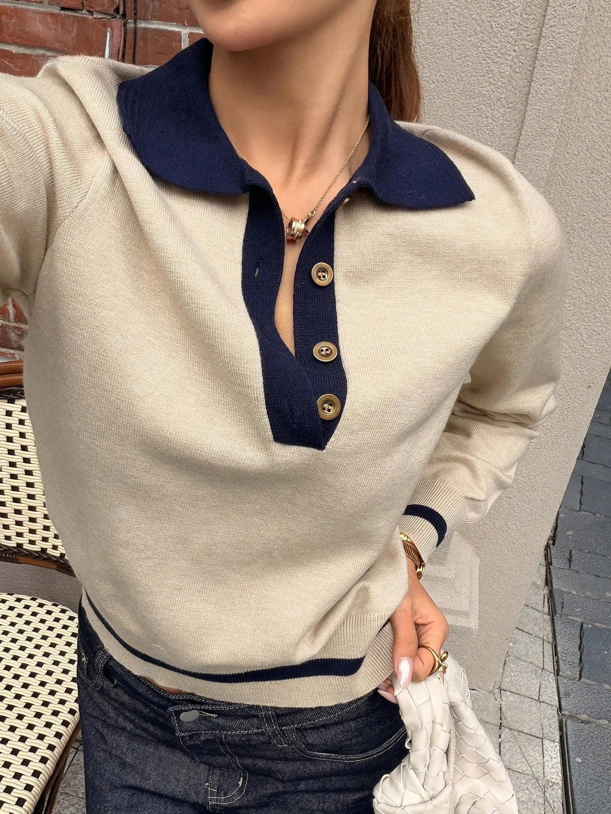 SOKYND Anne Color Block Knit Polo TopSOKYND-380759-KHA-M-44375KhakiM