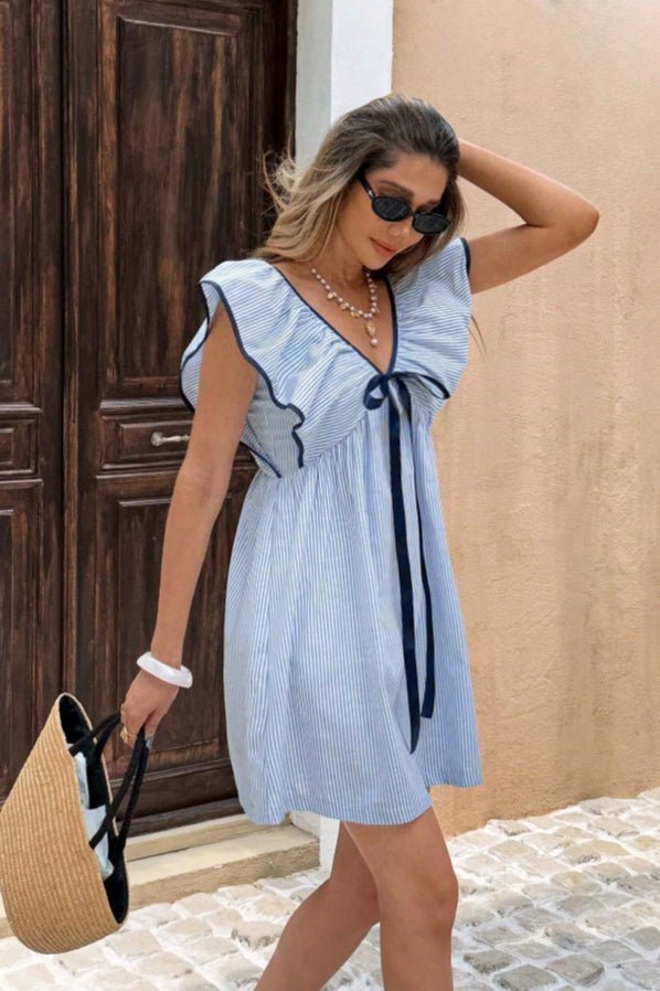 SOKYND Anya Striped V - Neck Ruffle Mini Dress DressBlueS