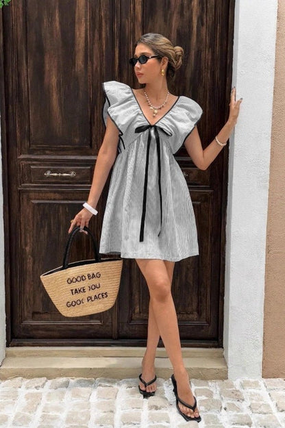 SOKYND Anya Striped V - Neck Ruffle Mini Dress DressGreenS