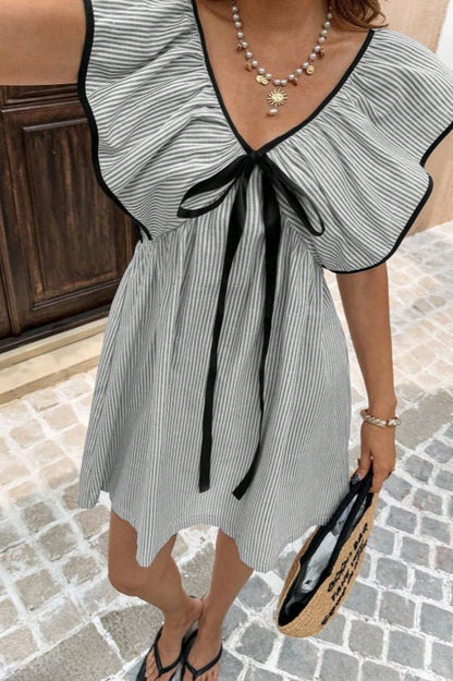 SOKYND Anya Striped V - Neck Ruffle Mini Dress DressGreenS