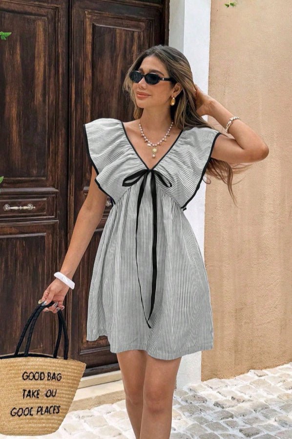SOKYND Anya Striped V - Neck Ruffle Mini Dress DressGreenS