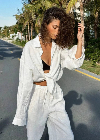 SOKYND Arabella Cotton Shirt & Lounge Pants Set Matching SetsWhiteL