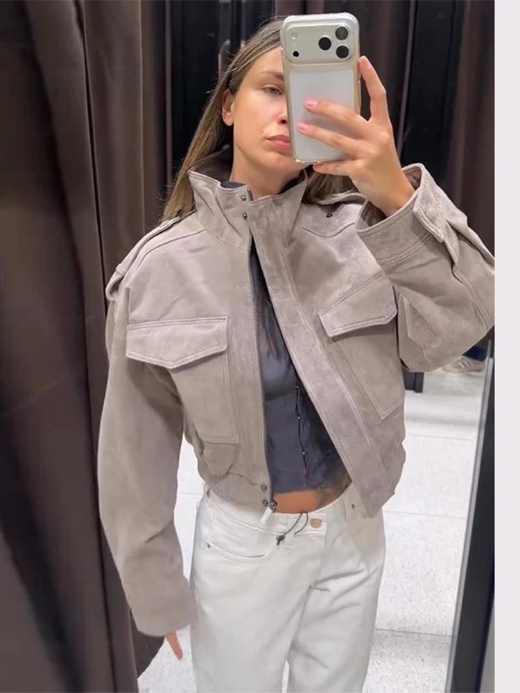 SOKYND Ava Suede Cropped Stand Collar Jacket JacketSOKYND-822167-GRE-L-82231GreyL