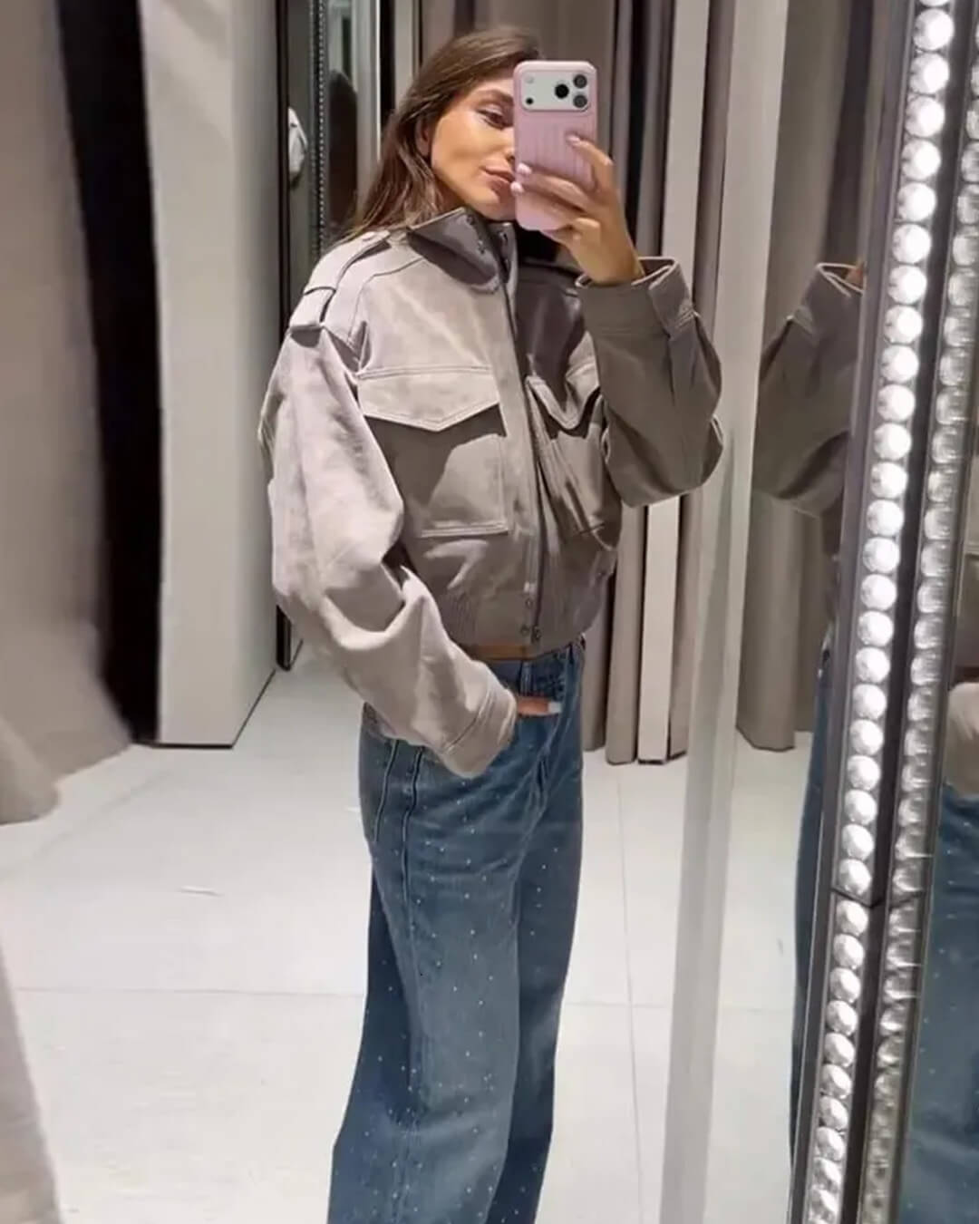 SOKYND Ava Suede Cropped Stand Collar Jacket JacketSOKYND-822167-GRE-M-49463GreyM