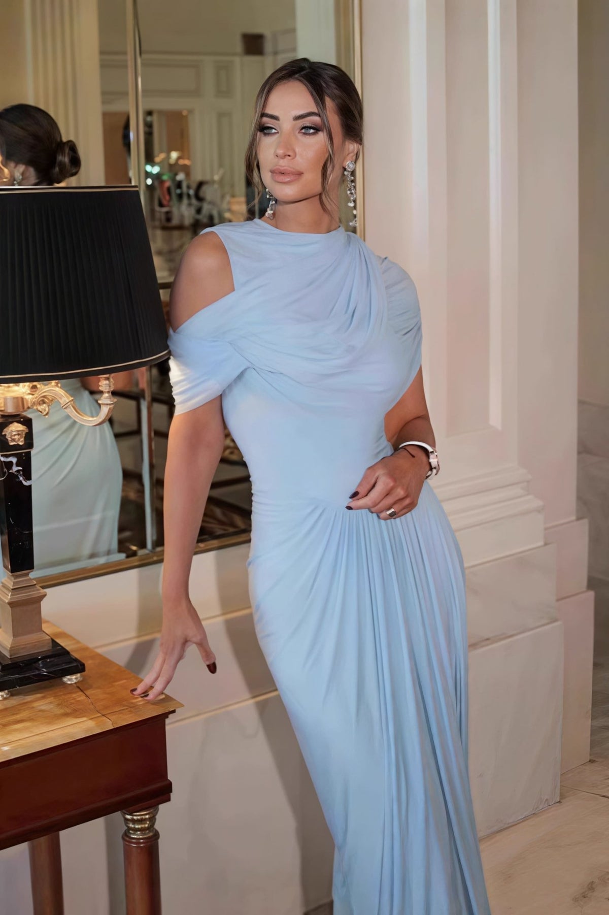 Caprice Shawl Collar Ruffle Maxi Dress – SOKYND