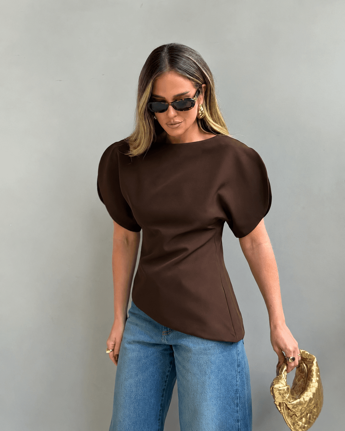 SOKYND Carmen Tricot Balloon Sleeve Top TopSOKYND-611351-BRO-S-54135BrownS
