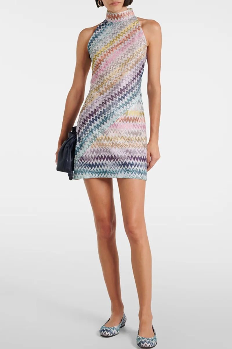 SOKYND Celeste Chevron Zigzag Knit Halter Mini Dress DressS