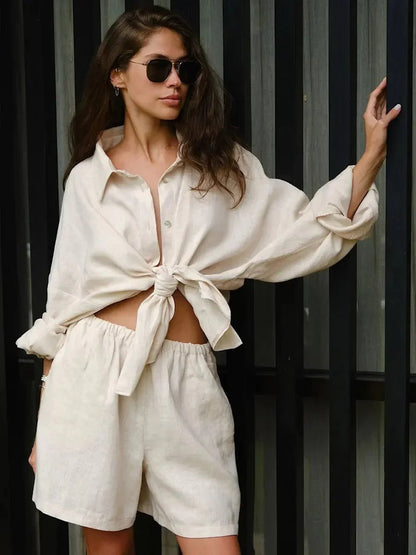 SOKYND Celeste Lapel Lantern Sleeve Shorts Set ShortsCreamS