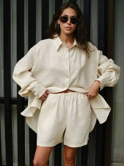 SOKYND Celeste Lapel Lantern Sleeve Shorts Set ShortsCreamS