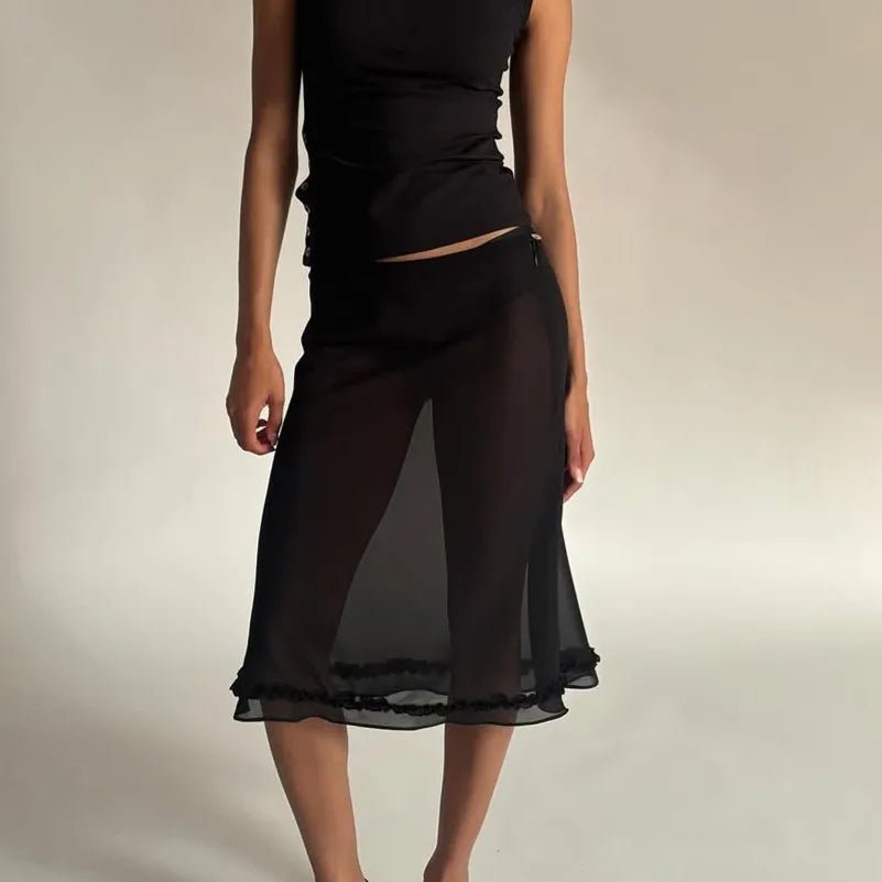SOKYND Delilah Sheer Mesh Midi Skirt SkirtBlackS