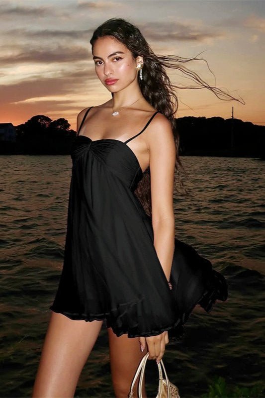 Demetra Off Shoulder Chiffon Mini Dress - Women's Chiffon Dress - Flowy Mini Dress