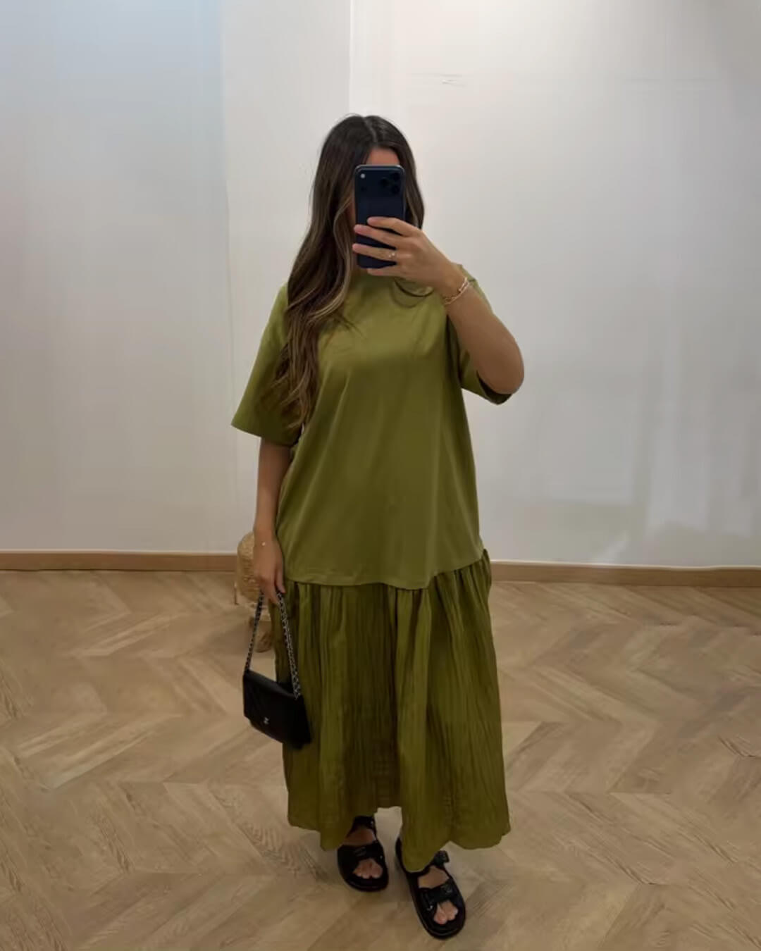 Emilia Pleated Patchwork Midi Dress
