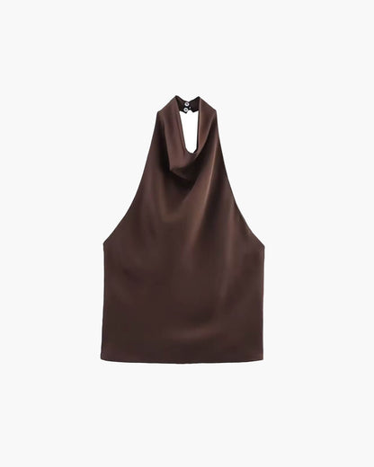 SOKYND Elaine Halter Backless Satin Top TopsBrownXS