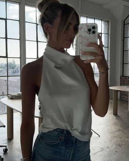 SOKYND Elaine Halter Backless Satin Top TopsWhiteXS