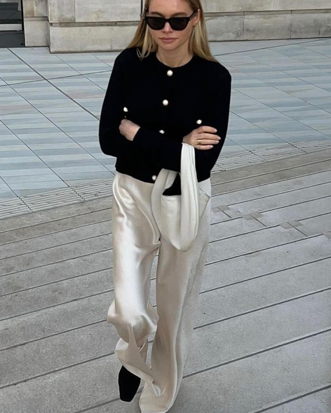 SOKYND Elena Wide Leg Satin Trousers PantsIvoryS