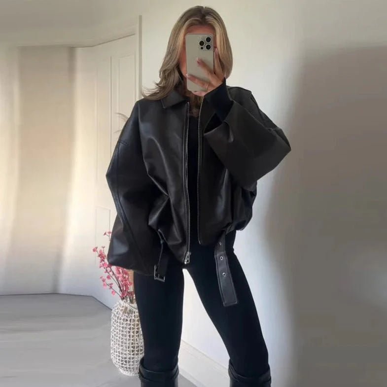 SOKYND Eliana Leather Moto Jacket Coats & JacketsBlackM