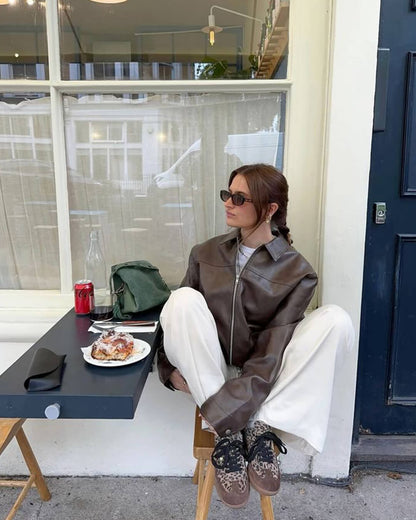 SOKYND Eliana Leather Moto Jacket Coats & JacketsBrownL