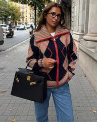 Cardigan in maglia con zip Emily a rombi con coste