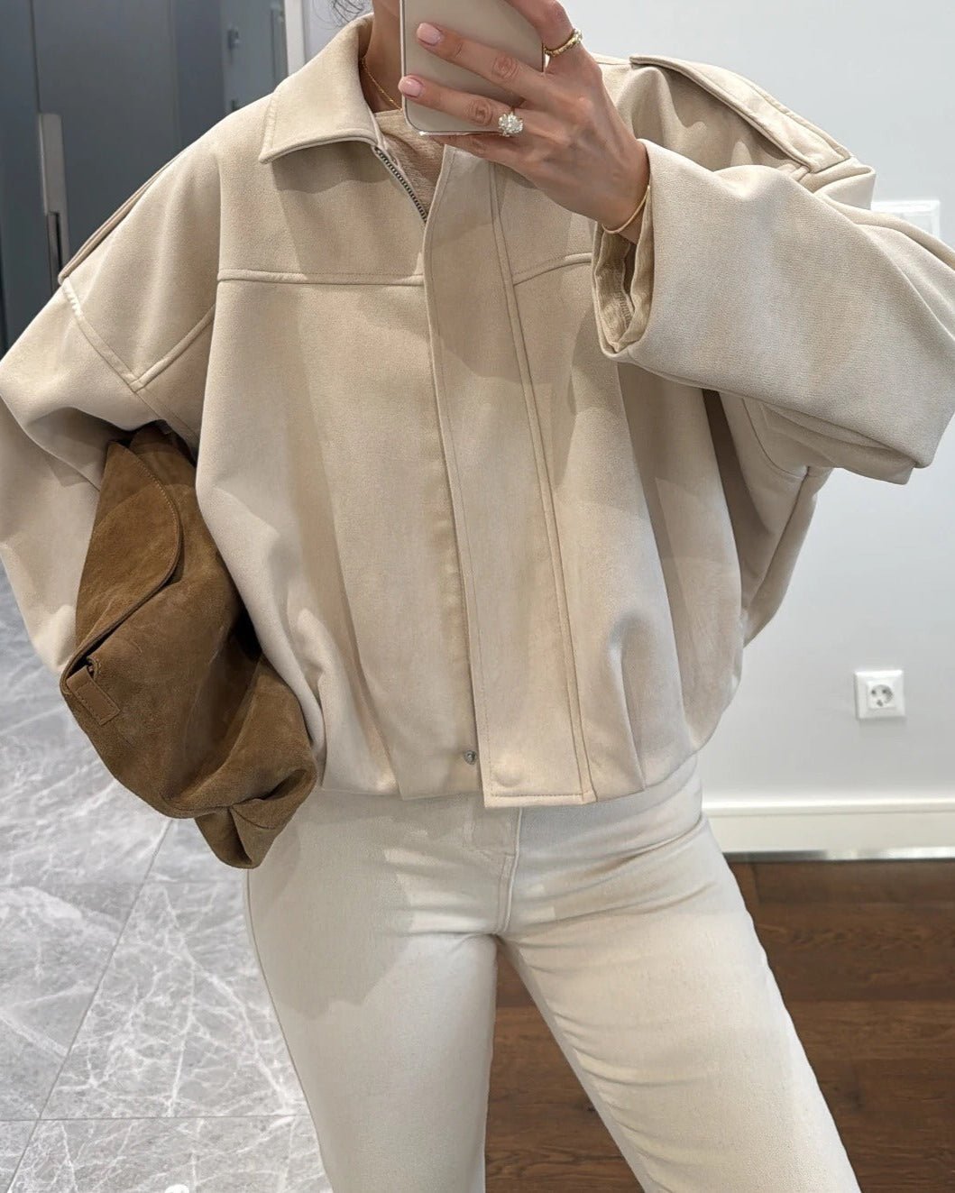 SOKYND Erica Faux Suede Bomber Jacket JacketSOKYND-248727-CRE-S-46775CreamS