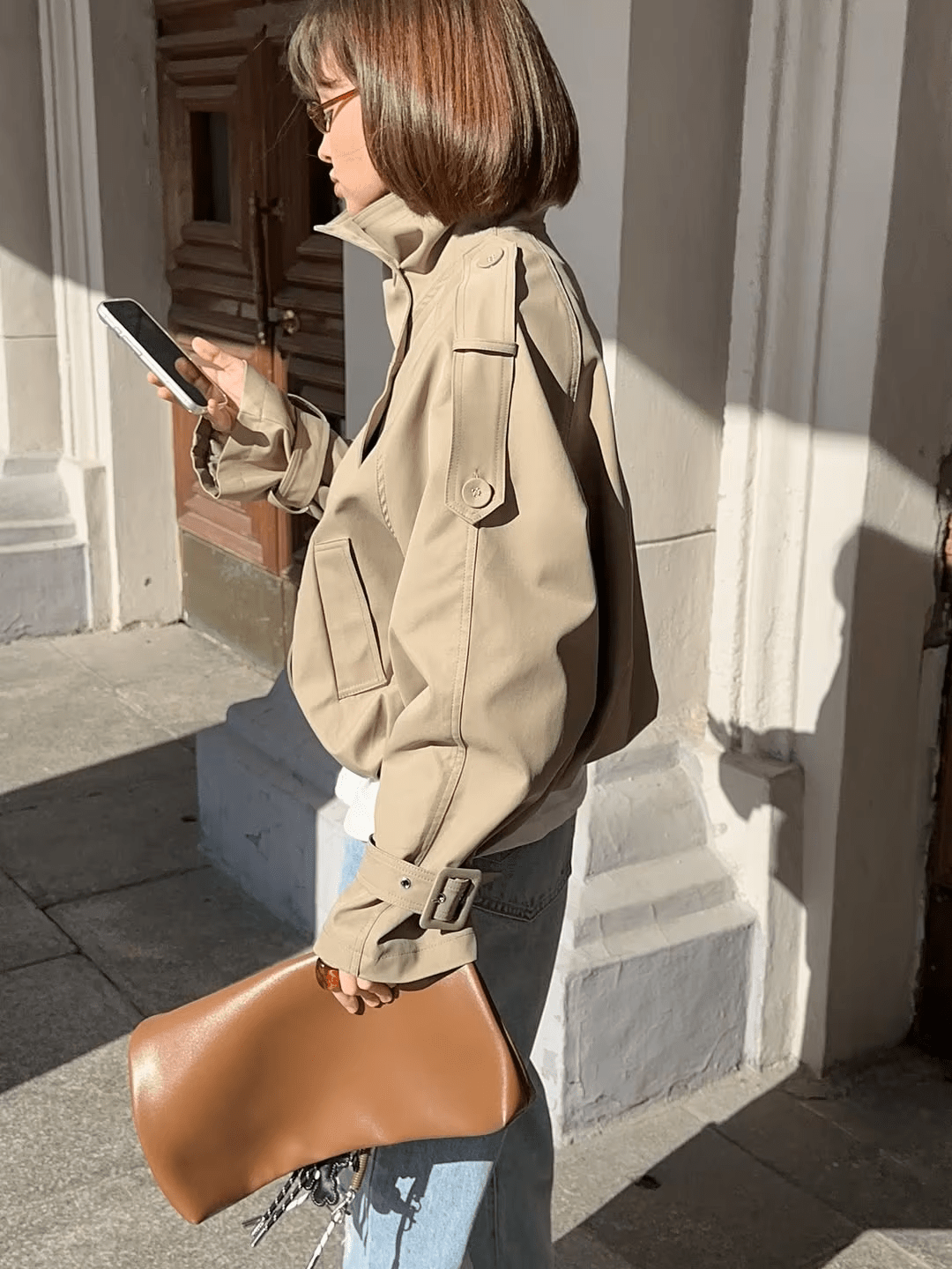 SOKYND Erica High Funnel Neck Cropped Trench Jacket JacketSOKYND-051223-BEI-L-75831BeigeL