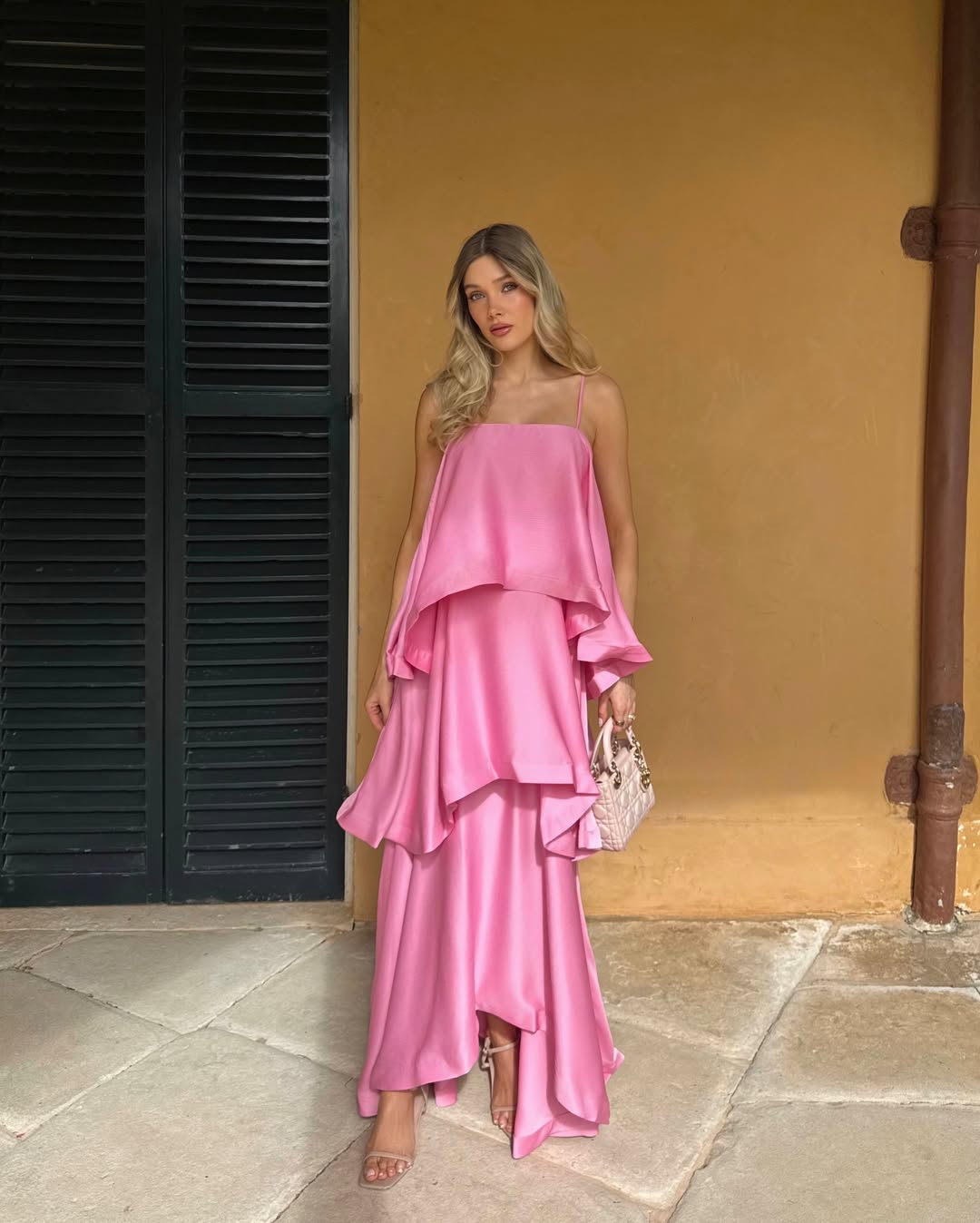 SOKYND Erica Tiered Ruffle Satin Maxi Dress DressSOKYND-216279-PIN-S-33175PinkS