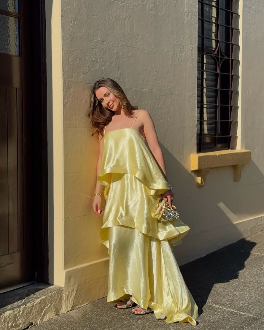 SOKYND Erica Tiered Ruffle Satin Maxi Dress DressSOKYND-216279-YEL-S-69335YellowS