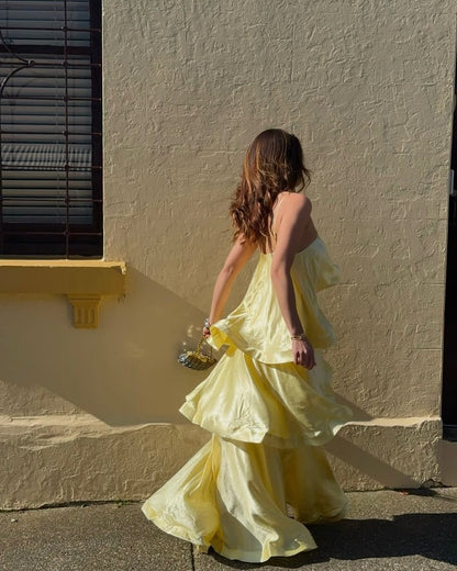 SOKYND Erica Tiered Ruffle Satin Maxi Dress DressSOKYND-216279-YEL-S-69335YellowS
