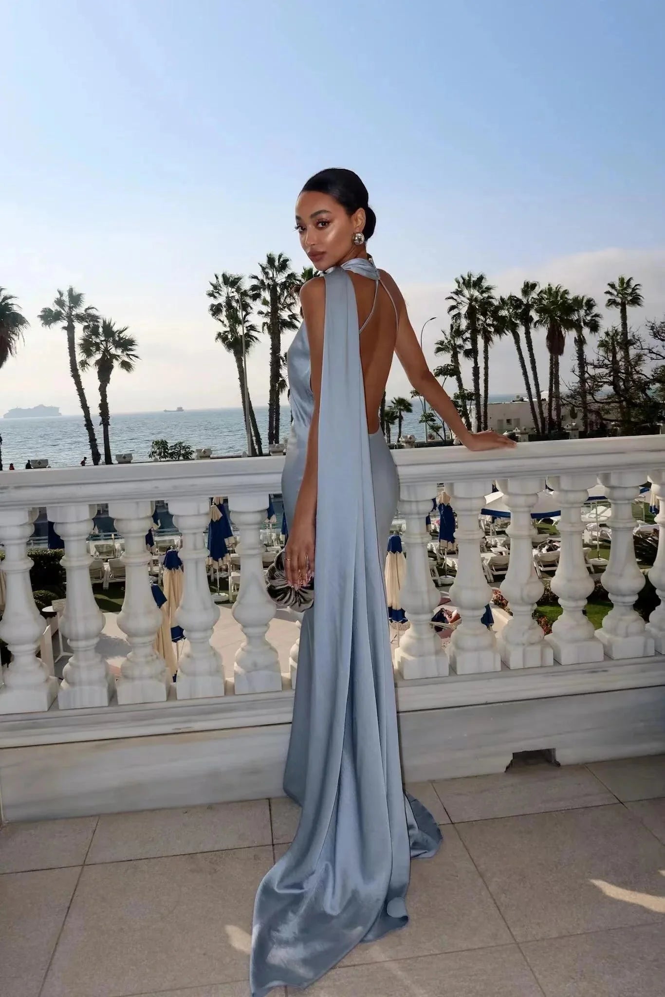 SOKYND Felicity Satin Ribbon Backless Evening Gown DressBlueS