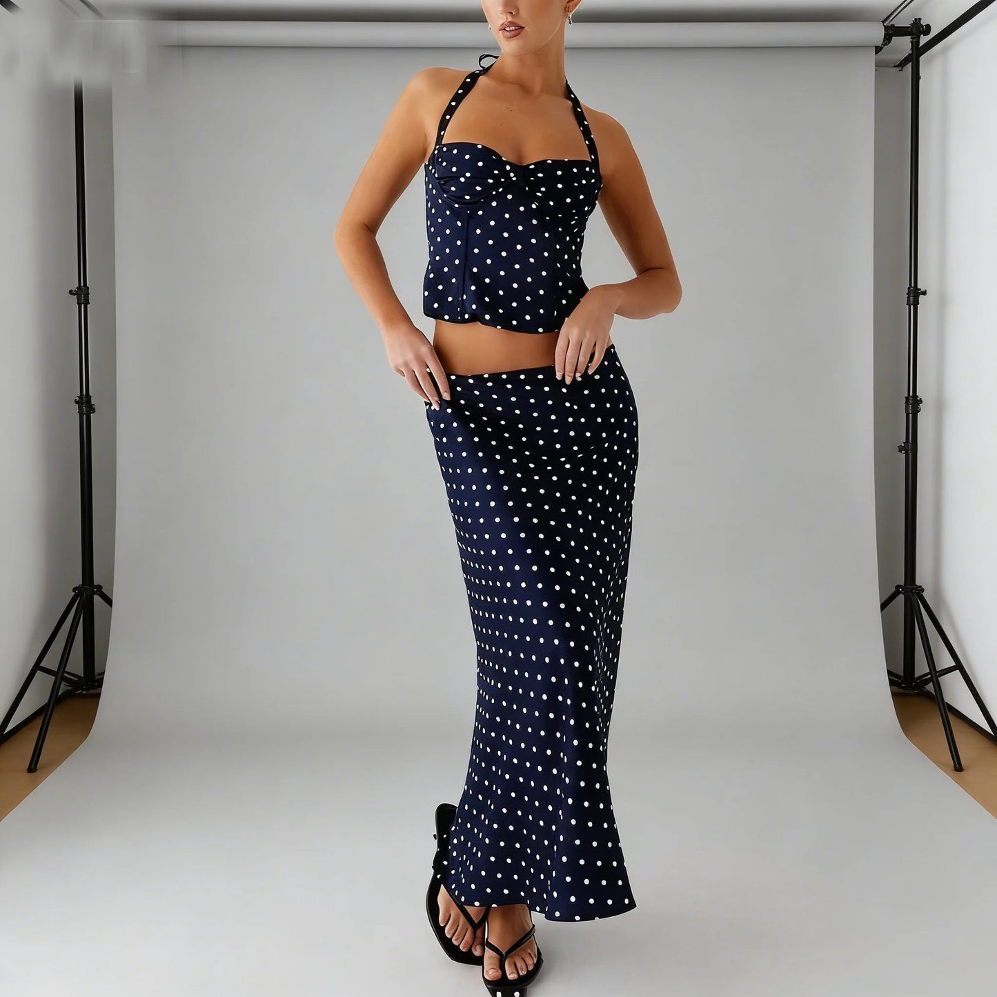 SOKYND Hana Polka Dot Two - Piece Maxi Set DressBlueS