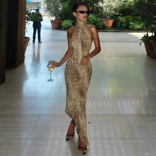 SOKYND Helena Leopard Halter Neck Maxi Dress DressXS