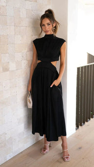 Abito midi Hermione con collo alto e cut-out