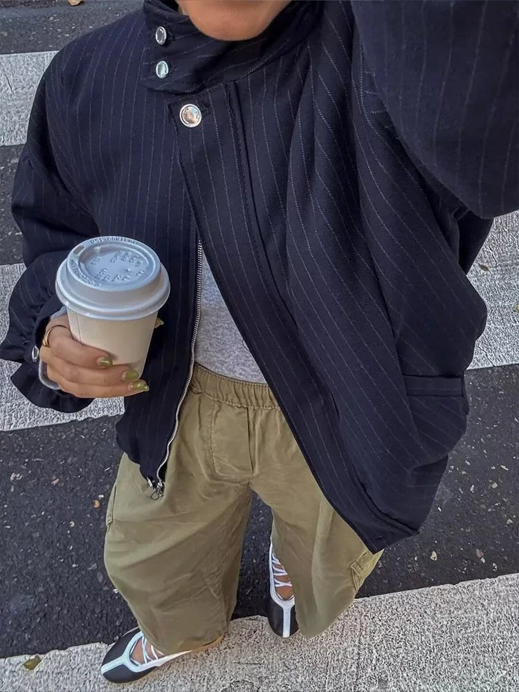 SOKYND Honora Pinstripe Bomber Jacket JacketDark Blue StripeS