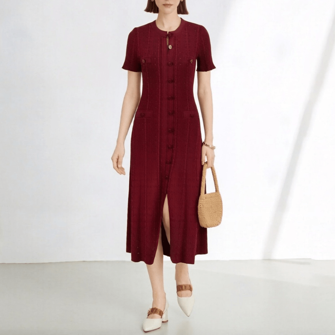 SOKYND Ines French V - Neck Knitted Slit Dress DressBurgundyXS