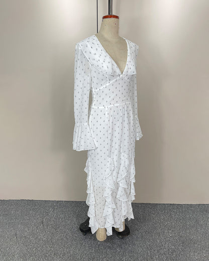 Vestido maxi Gloria com folhos e mangas evasé