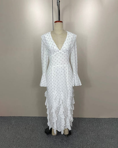 Vestido maxi Gloria com folhos e mangas evasé