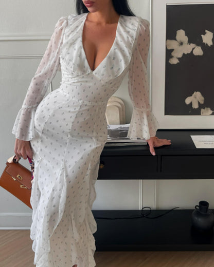 Vestido maxi Gloria com folhos e mangas evasé