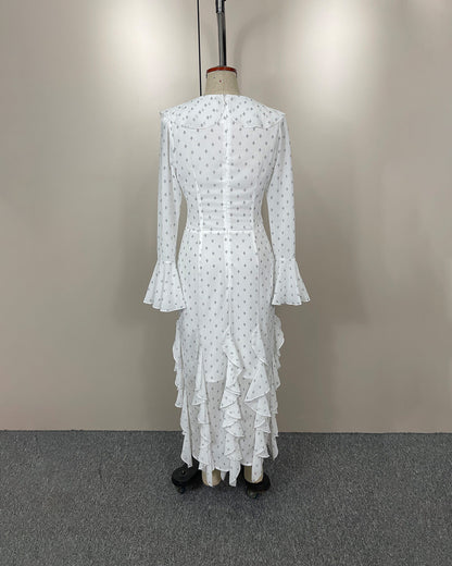 Vestido maxi Gloria com folhos e mangas evasé
