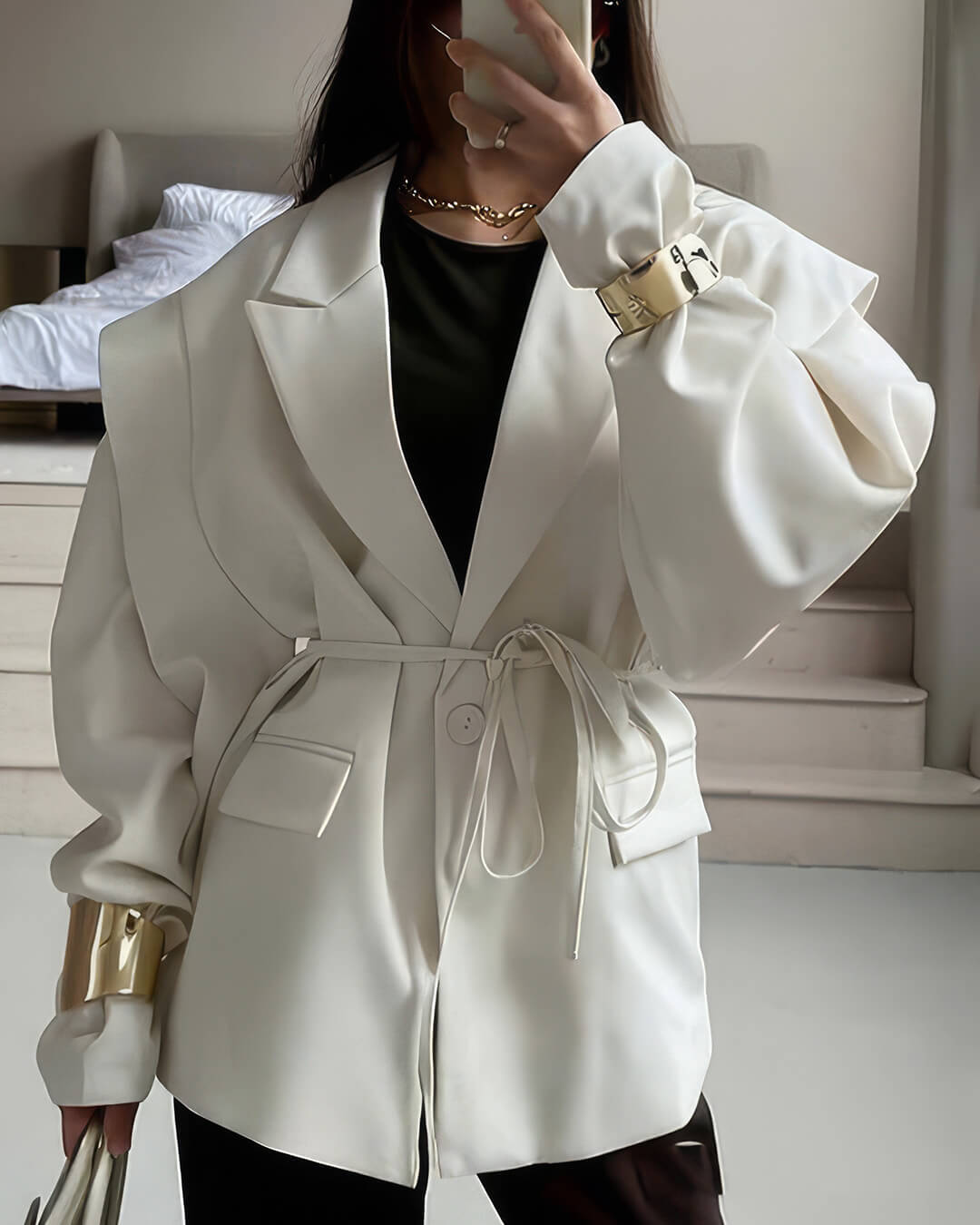 SOKYND Jacinta Wide Sleeve Belted Blazer Coats & JacketsWhiteS